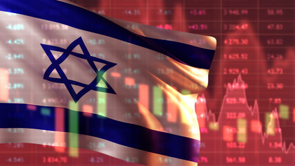 Sticker - Economy Israel. Flag near red trader quotes. Metaphor for decline Israel economy. Decreasing graph symbolizes beginning crisis. Israeli recession. Trading on Tel Aviv financial market. 3d image