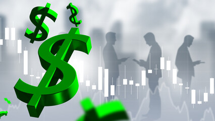 Poster - Economic background. Dollar logos near fluctuating chart. Financial market. Traders silhouettes. Economic backdrop. Wallpaper for financial presentation. Investments in USD. 3d image