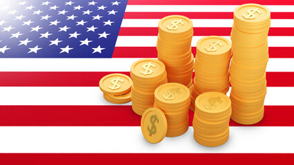 Poster - American dollar. USA flag. Golden coins. Economy of united states. Coins with dollar symbol. USD savings. Financial system of united states. American economy. Savings in dollar currency. 3d image