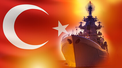 Wall Mural - Turkish navy. Warship with national flag. Sea vessel for patrolling maritime borders. Warship from Turkey. Turkish army navy. Ship for warfare. Warship with radars. Turkish military technology