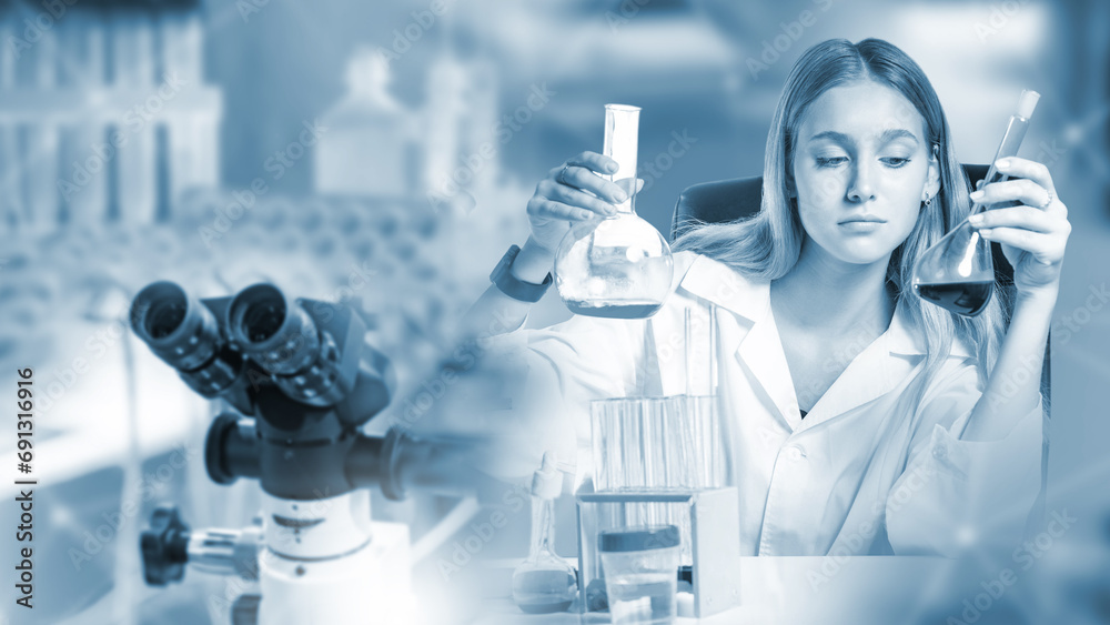 Woman researcher. Girl scientist with test tubes in hands. Scientific ...