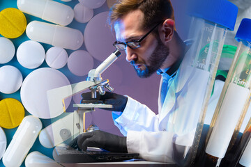 Poster - doctor looks through microscope. clinic laboratory assistant. pills near pharmaceutical. test tubes 