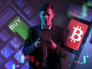 Poster - Buy bitcoin. Man investor with tablet. Trader invests money in bitcoin. Businessman analyzes cryptocurrency market. Man studies bitcoin technology. Blockchain finance. Digital money. Crypto business