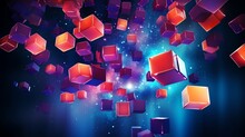 Abstract Futuristic 3d Floating Cubic Elements With Deep Blue, Vibrant Orange, And Electric Purple Colors. Abstract Background Template