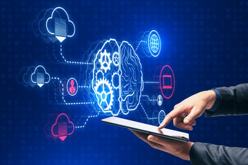 Poster - Close up of businessman hands using smartphone with creative digital brain hologram with cogwheels and various connected icons on blue background. Invention, ai and innovation concept.