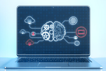 Poster - Close up of notebook with creative digital brain hologram with cogwheels and various connected icons on blue background. Invention, ai and innovation concept. 3D Rendering.