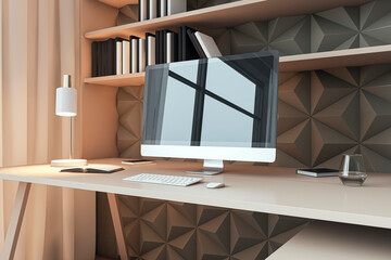 Wall Mural - Close up of modern home office interior with workplace, decorative designer wall, reflections on computer monitor and furniture. 3D Rendering.