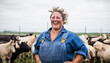 overweight female Dutch farmer on his agriculture field with cows ,generative ai