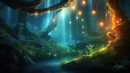 Wall Mural - Twinkling lights and ancient trees reflected in tranquil forest waters. Magical nature scenes.