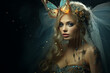 Fashion, make-up and fantasy concept. Beautiful fairy woman with wings portrait. Model with beautiful makeup, hairstyle and dreamlike fairy tale accessories. Mysterious mood and nature background
