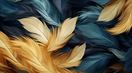 Blue and gold feathers texture background.