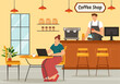 © denayune - Coffee Shop Vector Illustration with Interior and Furniture Suitable for Poster or Advertisement in Flat Cartoon Background Design