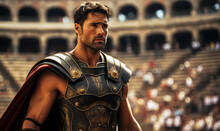 Majestic Roman Gladiator In Traditional Armor Stands Proud In The Colosseum, Symbolizing Ancient History, Strength, And Valor