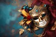 Festive venetian carnival mask on gray background, new year celebration
