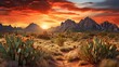 Wild West Texas desert landscape with sunset with mountains and cacti.