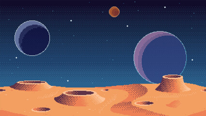 Wall Mural - Pixel art planet surface background with moons in the sky. Cosmic game location. Outer space seamless vector illustration.