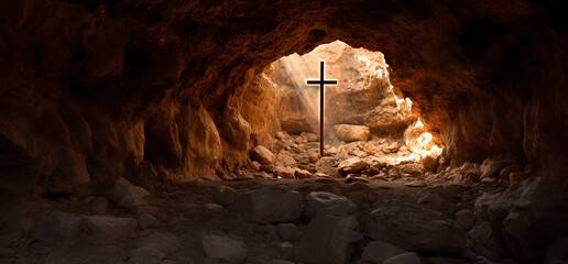 Christian easter background, He has risen, concept of tomb of Jesus