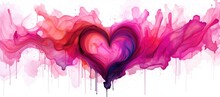 Watercolor Abstract Heart In Pink Tones With Beautiful Artistic Streaks And Flows On White Background. Banner For Valentine's Day. Love
