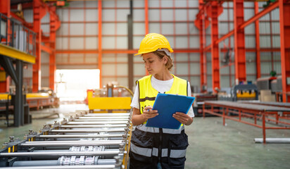 Industrial woman engineer wear uniform and helmet using laptop are checking system machine at factory. Workers industrial factory. Machine maintenance technician operation concept.