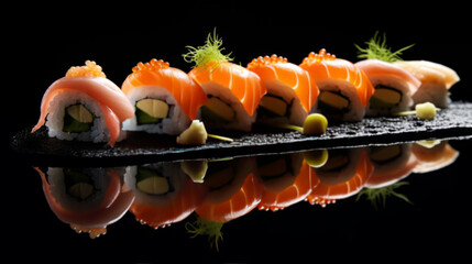 Wall Mural - Side view of portion of Japanese sushi roll with caviar, avocado and salmon on top served on wooden board.