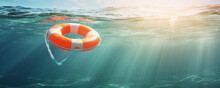 Lifebuoy Floating On Sea Banner Background With Copy Space And Hopeful Sun Rays