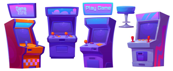 Retro game machines set isolated on white background. Vector cartoon illustration of retro arcade cabinets with buttons and console joystick, 80s vintage pinball club equipment, interior elements