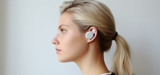 A woman wearing a bluetooth earpiece. Generative AI.