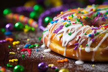King Cake On A Purple Background, With Puffs And Highlights, Suitable For Design With Copy Space, Mardi Gras Celebration.