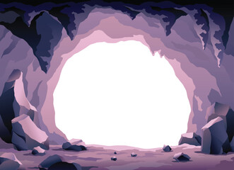 Cave landscape. Stone cave entrance with empty white space inside. Prehistoric dungeon entrance, rock cavern game illustration. Vector image of tunnel in mountain or mine in rocks