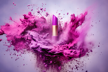 Explosion of pink and purple cosmetic powder and lipstick