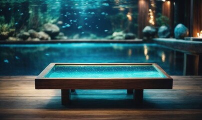 Wall Mural - wooden table with blue glowing swimming day. wood board table in front of aquarium. Festive background. glitter overlay