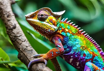 Canvas Print - AI generated illustration of a close-up of a colorful chameleon perched on a tree branch