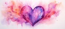Watercolor Abstract Heart In Pink Tones With Beautiful Artistic Streaks And Flows On White Background. Banner For Valentine's Day. Love