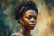Dark-skinned Woman, Retro Portrait, Black Woman In Headdress, Watercolor Painting On Textured Paper. Digital Watercolor Painting