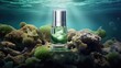 Skincare product display with underwater coral reef background. Beauty and skincare.