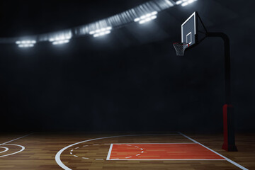 Wall Mural - 3d illustration empty dark professional basketball court arena at night background