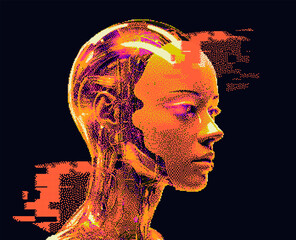 Aufkleber - Pixel art of an artificial robotic humanoid head with wires coming from the skull. 