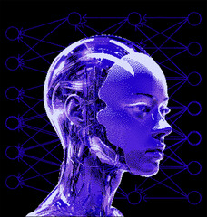 Aufkleber - Pixel art of an artificial robotic humanoid head with wires coming from the skull. 