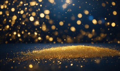 bstract background with gold stars, particles and sparkling on navy blue. Christmas Golden light shine particles bokeh on navy blue background