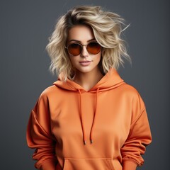 Fashionable confident blonde woman wearing trendy orange sweatshirt, color sunglasses, posing on white background