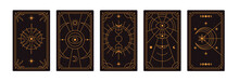Tarot Designs Set. Esoteric Occult Card Backgrounds, Reverse Back View. Magic Spiritual Celestial Symbols. Sacred Sun, Star, Crescent. Flat Graphic Vector Illustrations Isolated On White Background
