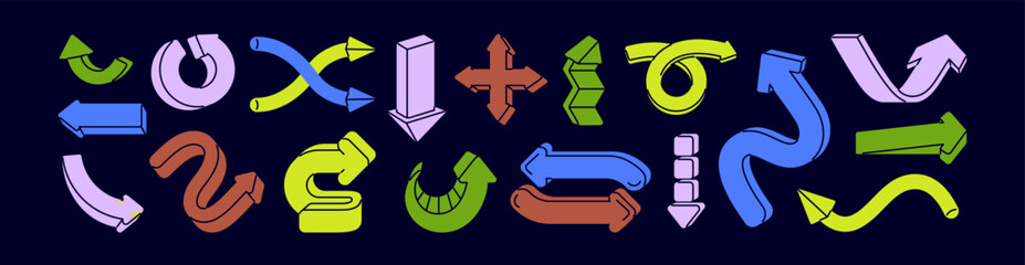 Fototapete - Arrows, pointers designs set. Curved twisted elements, showing direction, navigation in doodle retro style. Cursors pointing, download, undo, update symbols. Isolated flat graphic vector illustrations