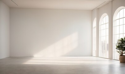 simplistic light white backdrop is utilized for showcasing the product. The plaster wall is adorned with shadows and natural light streaming in through the windows