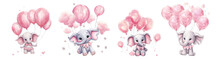 Collection Of PNG. Pink Cute Little Elephant Floating In The Air With Balloons. Children's Book Illustration Style Isolated On A Transparent Background.