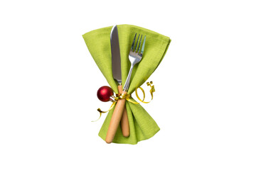 Sticker - isolated christmas Plate with decor and fork and spoon. New year holiday background. Top view