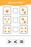 Fototapeta  - More, less or equal. Educational counting game for kids. Learning mathematic with crown.