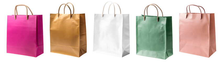 collection set of colour eco friendly recyclable side view blank shopping paper bag on transparent b