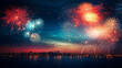 Festive firework rockets bursting in big sparkling star balls poster with black background abstract illustration
