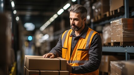 Man Working at warehouse. Warehouse worker moving boxes on the shelf