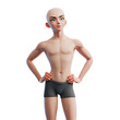 © roman3d - Portrait of handsome cute young bald cartoon guy with big blue eyes posing in gray underwear, naked torso, hands on hips. Concept of men's health, body skin care, sport. 3d render isolated transparent